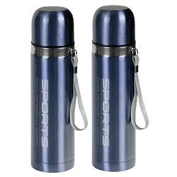 Foto van 2x stuks metallic thermosflessen / isoleerflessen rvs voor onderweg lichtblauw 500 ml - thermosflessen