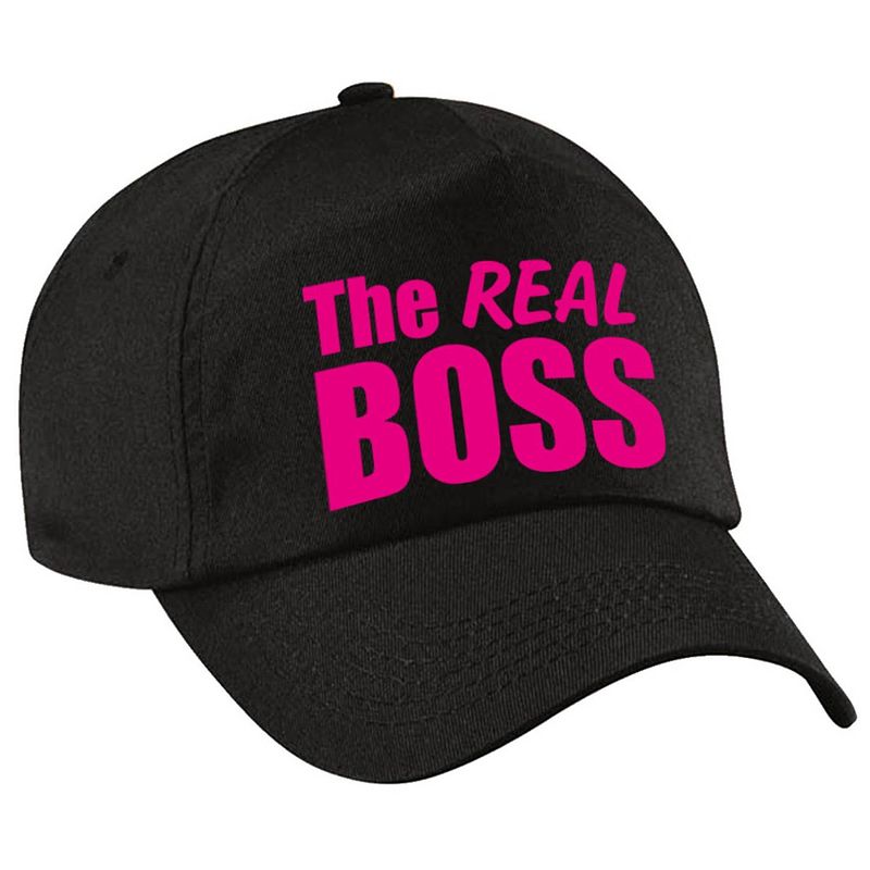 Foto van Zwarte feestpet / cap the real boss in roze tekst dames - verkleedhoofddeksels