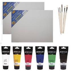 Foto van Schilders verf set van 6x tubes acrylverf/hobbyverf 75 ml + 2x doek + 5x kwasten - schildersets