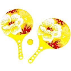 Foto van Kunststof beachball set geel hibiscus print - beachballsets