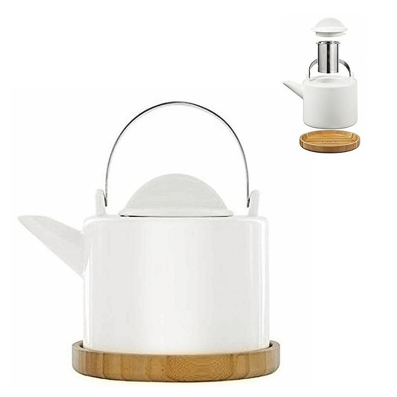 Foto van Trendy porseleinen theepot met infuser incl. bamboo onderzetter - 1200 ml