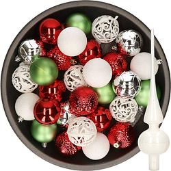 Foto van 37x stuks kunststof kerstballen 6 cm incl. glazen piek wit-rood-zilver-groen - kerstbal