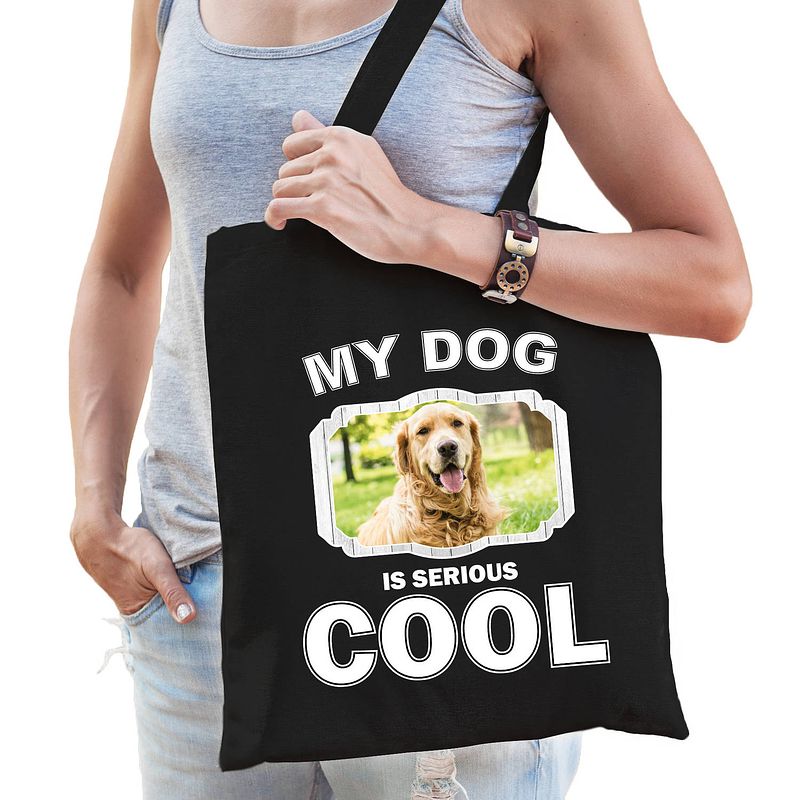 Foto van Katoenen tasje my dog is serious cool zwart - golden retriever honden cadeau tas - feest boodschappentassen