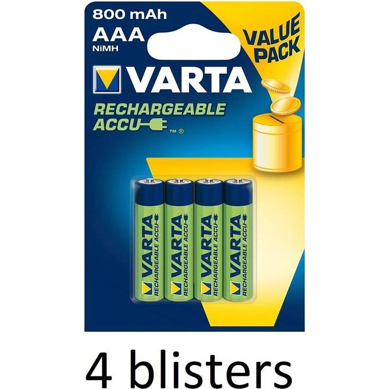 Foto van 16 stuks (4 blisters a 4 stuks) varta rechargeable accu aaa 800 mah