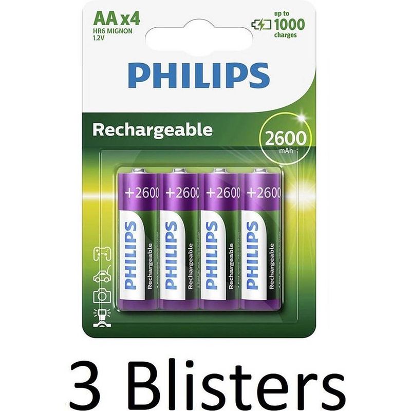 Foto van 12 stuks (3 blisters a 4 st) philips aa oplaadbare batterijen - 2500 mah