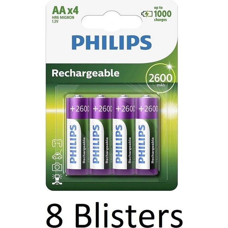 Foto van 32 stuks (8 blisters a 4 st) philips aa oplaadbare batterijen 2600 mah