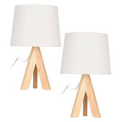 Foto van 2x stuks tafellampen/schemerlampjes witte kap en houten poten 29 cm - tafellampen