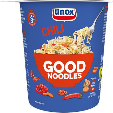 Foto van 2 zakken soep a 570 ml, pakken cupasoup a 3 stuks of single verpakkingen noodles of pasta | unox good noodles cup chili 65g aanbieding bij jumbo
