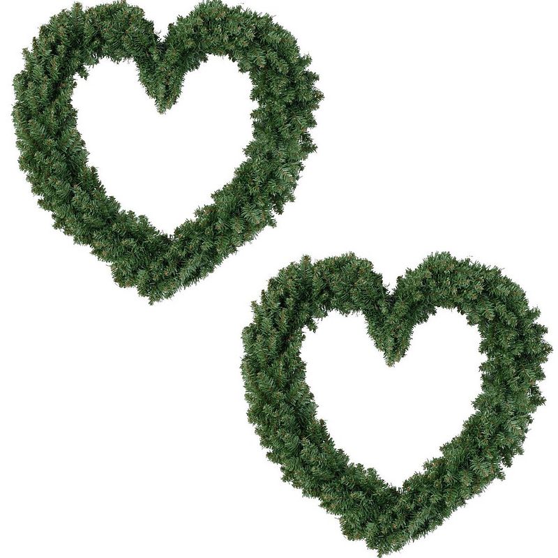 Foto van Set van 2x stuks kerstversiering kerstkrans hart groen 50 cm - kerstkransen