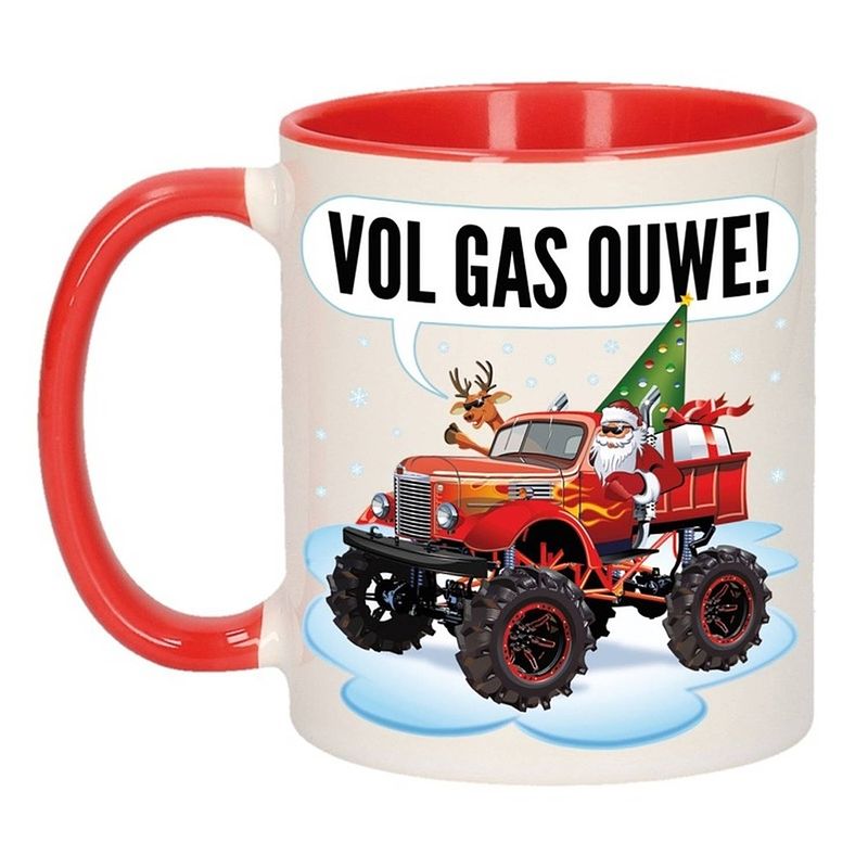 Foto van Kerst cadeau beker / mok monstertruck auto vol gas ouwe 300 ml - bekers