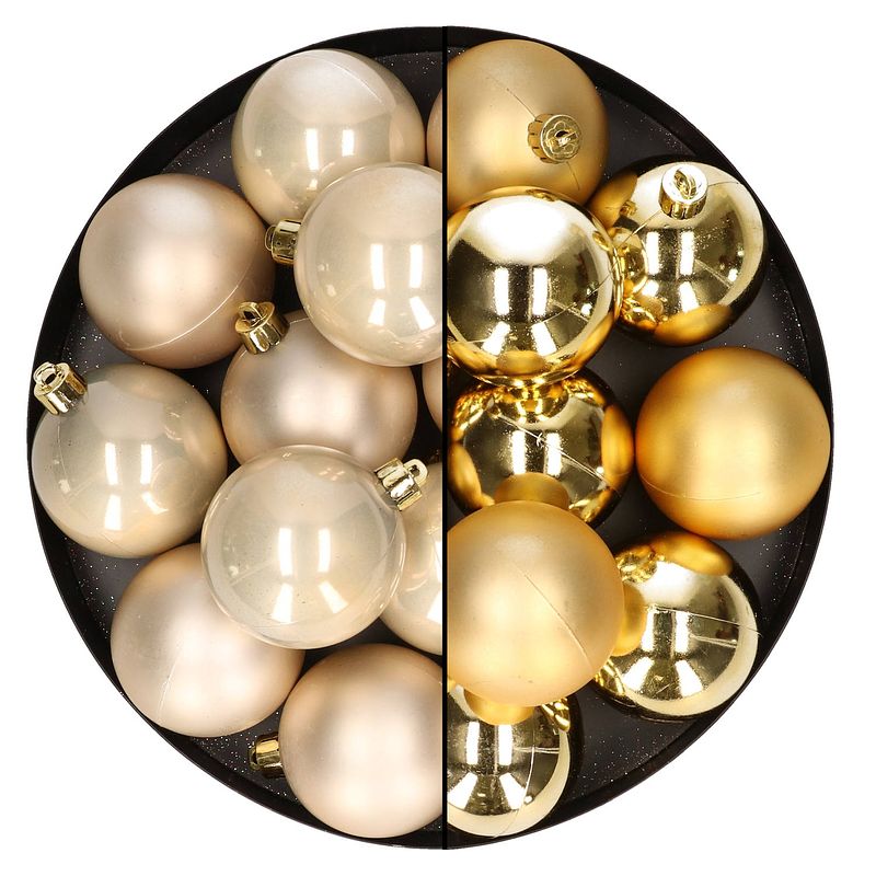 Foto van 24x stuks kunststof kerstballen mix van champagne en goud 6 cm - kerstbal