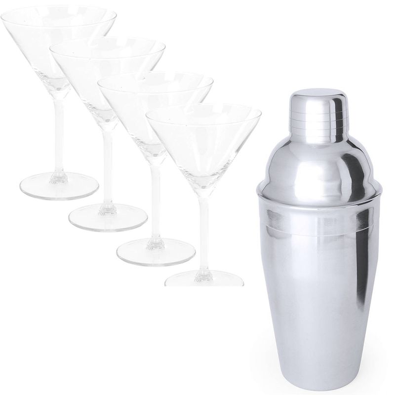 Foto van 4x cocktailglazen / martiniglazen 260 ml + cocktailshaker semi-matte 550 ml rvs - cocktailglazen