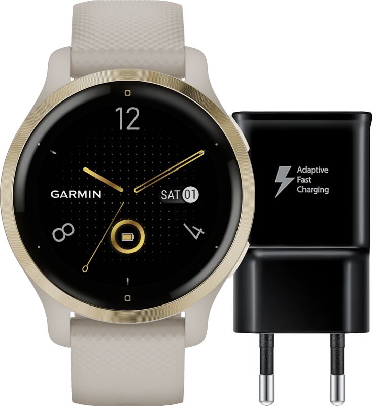 Foto van Garmin venu 2s goud/beige + samsung adaptive fast charging oplader met usb a poort 15w