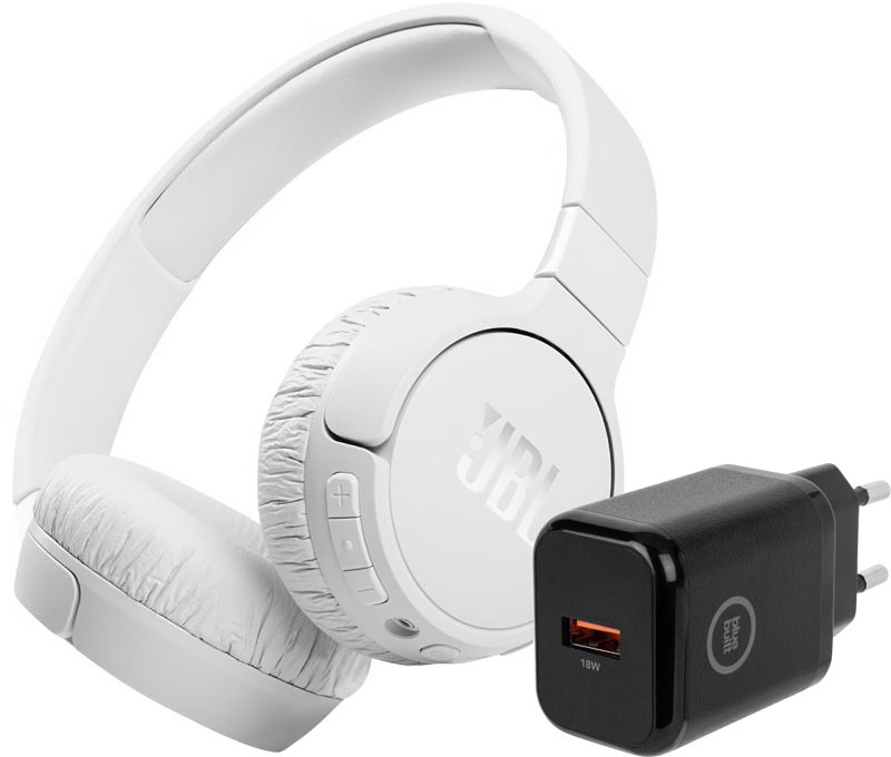 Foto van Jbl tune 660nc wit + bluebuilt quick charge oplader met usb a poort 18w zwart