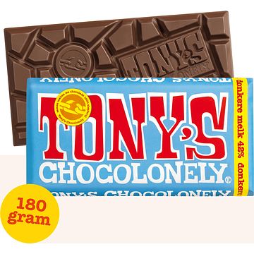 Foto van 2 voor € 4,50 | tony's chocolonely donkere melk chocolade reep 42% 180g aanbieding bij jumbo