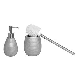 Foto van Wc-/toiletborstel houder polystone met zeeppompje 280 ml zilver kleurig - badkameraccessoireset