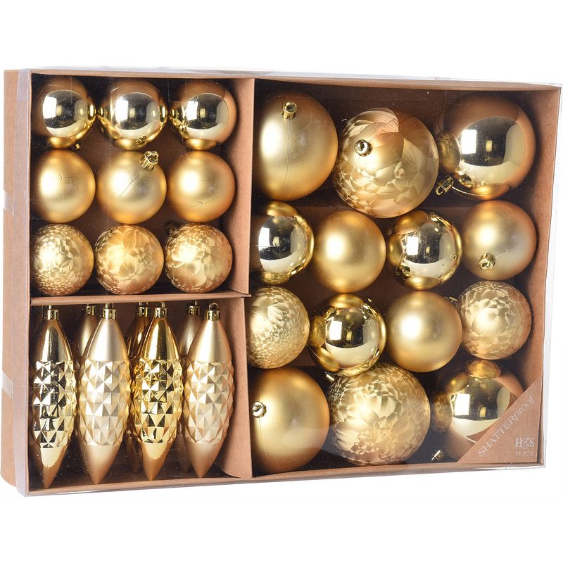 Foto van Kerstboomversiering set met 31 kerstornamenten goud van kunststof - kerstbal