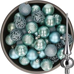 Foto van 37x stuks kunststof kerstballen 6 cm ijsblauw incl. glazen piek glans zilver - kerstbal