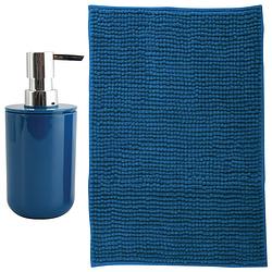 Foto van Msv badkamer droogloop mat - milano - 40 x 60 cm - met bijpassend zeeppompje - donkerblauw - badmatjes