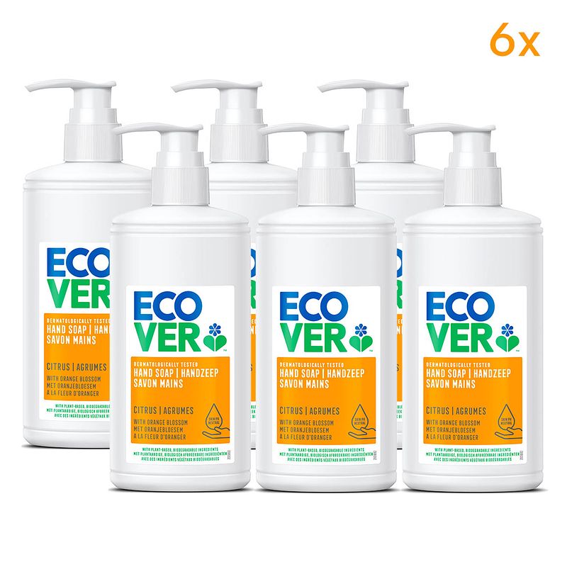 Foto van Ecover ecologische handzeep - voordeelverpakking 6 x 250 ml - citrus & oranjebloesem - zeeppompje vrijstaand