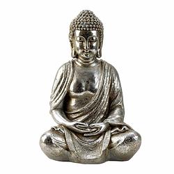 Foto van Boeddha beeldje zittend - binnen/buiten - kunststeen - zilver - 48 x 31 cm - beeldjes