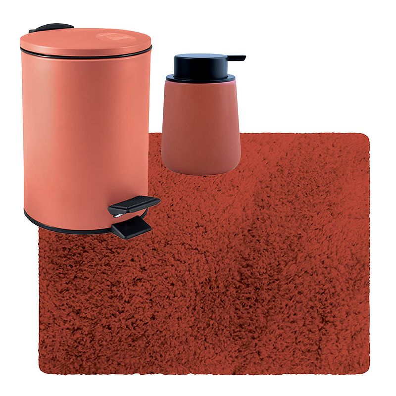 Foto van Msv badkamer droogloop tapijt langharig 50x70 cm - pedaalemmer 3l - zeeppompje 300 ml - terracotta - badmatjes