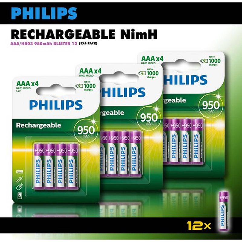 Foto van Philips aaa oplaadbare batterijen - 950 mah -voordeelverpakking - 12 stuks