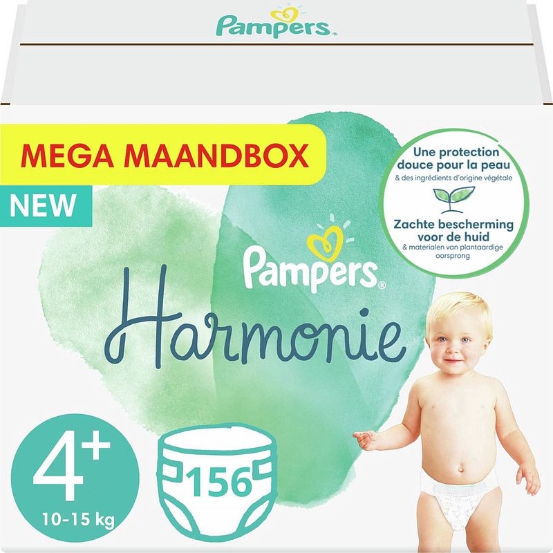 Foto van Pampers harmonie luiers - maat 4+ - (10kg - 15kg) - 156 luiers - maandbox