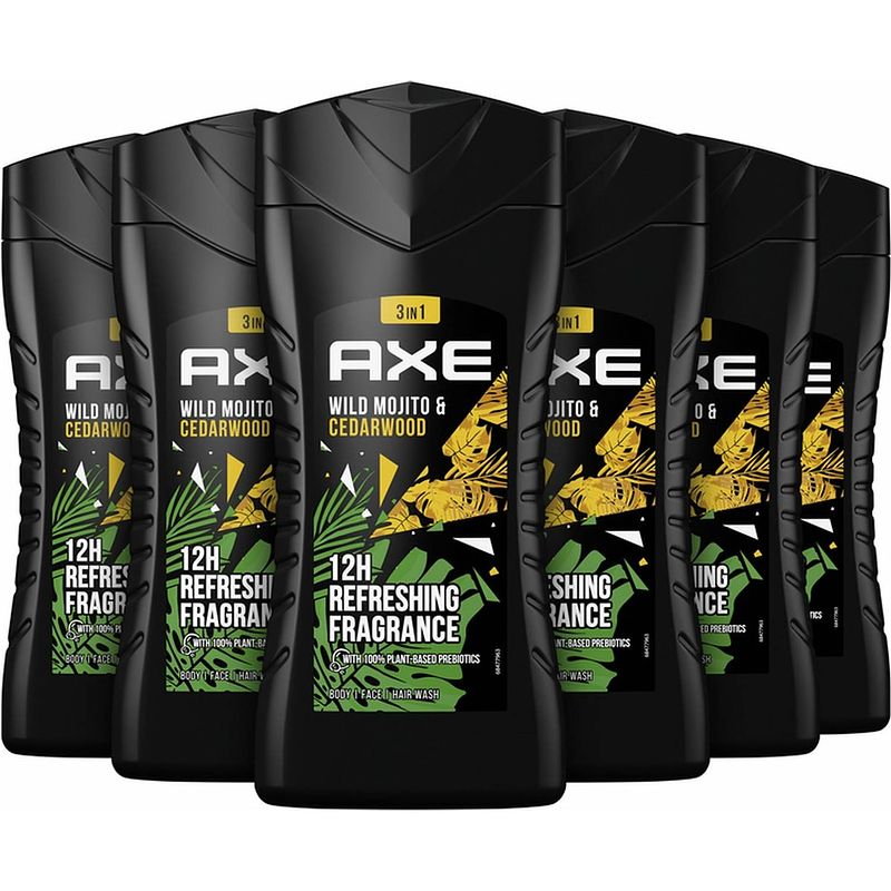 Foto van Axe - 3 in 1 - douchegel, facewash & shampoo - wild mojito & cedarwood - 6 x 250 ml - voordeelverpakking