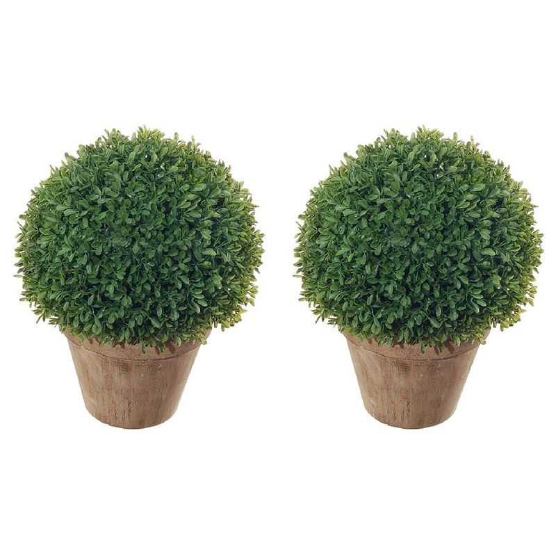 Foto van 2x stuks groene buxusbol kunstplant in bruine kunststof pot 35 cm - sempervirens - woondecoratie