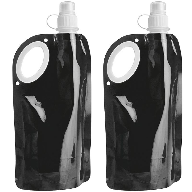 Foto van Waterfles/drinkfles opvouwbaar - 2x - zwart - kunststof - 770 ml - schroefdop - waterzak - drinkflessen