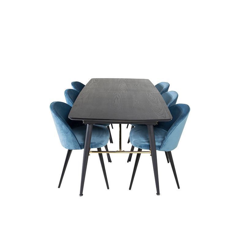 Foto van Gold eethoek eetkamertafel uitschuifbare tafel lengte cm 180 / 220 zwart en 6 velvet eetkamerstal velours blauw, zwart.