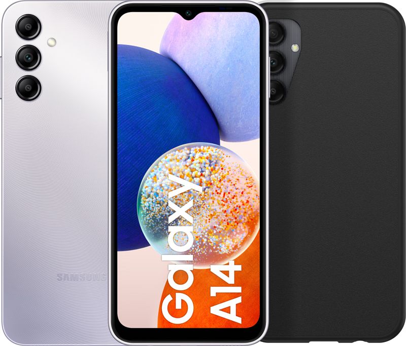 Foto van Samsung galaxy a14 64gb zilver 4g + otterbox react back cover zwart