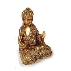 Foto van Boeddha beeld polyresin goud 18 cm voor binnen rust houding - beeldjes