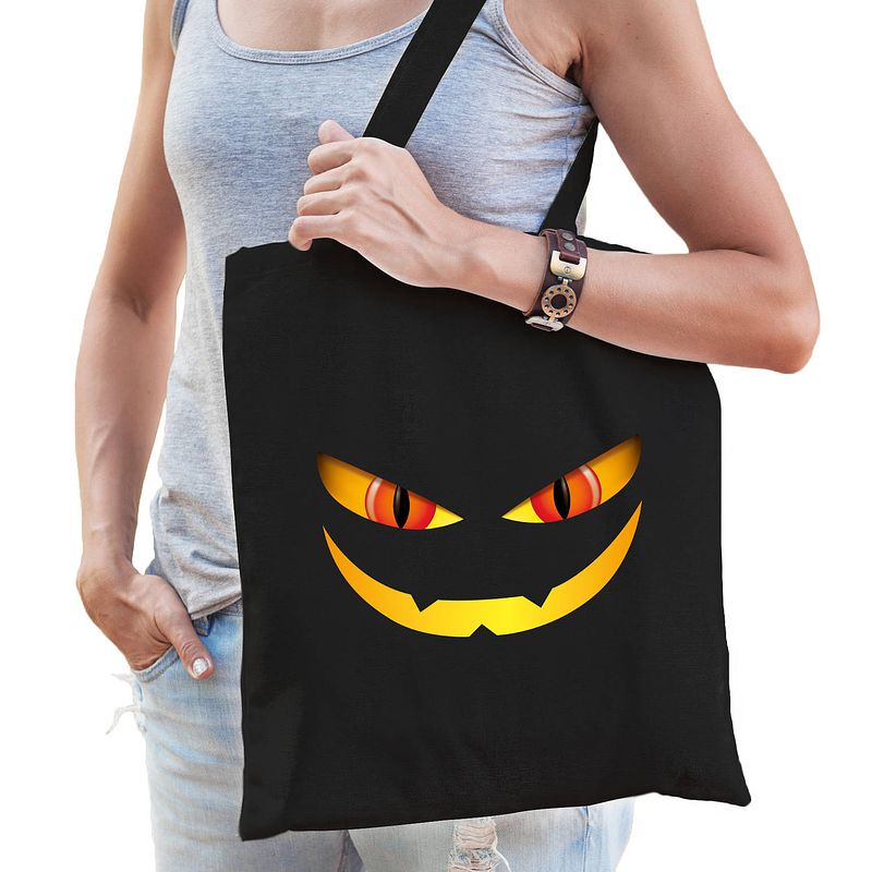 Foto van Halloween monster gezicht halloween trick or treat katoenen tas/ snoep tas zwart - verkleedtassen