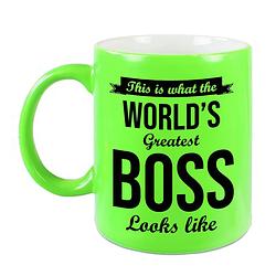 Foto van Worlds greatest boss cadeau koffiemok / theebeker neon groen 330 ml - feest mokken