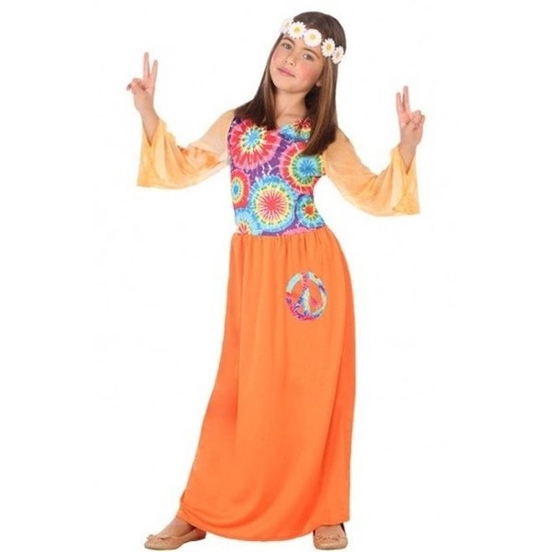 Foto van Sixties/hippie verkleed jurk oranje voor meisjes 128 (7-9 jaar) - carnavalskostuums