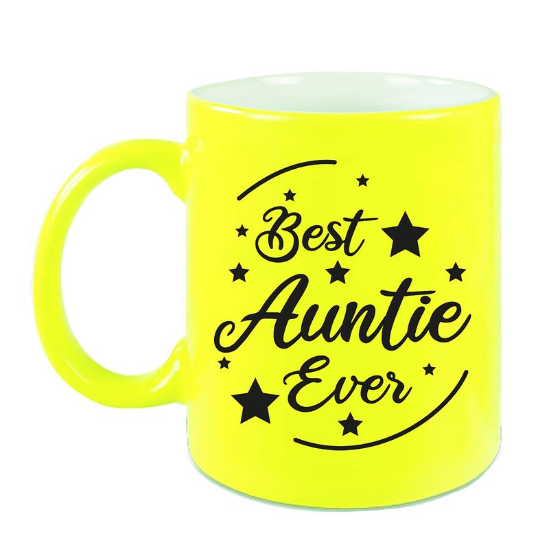 Foto van Best auntie ever cadeau koffiemok / theebeker neon geel 330 ml - feest mokken