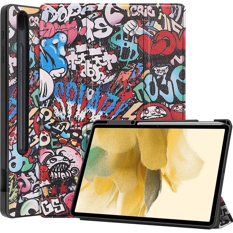 Foto van Basey samsung galaxy tab s7 fe hoesje kunstleer hoes case cover - graffity