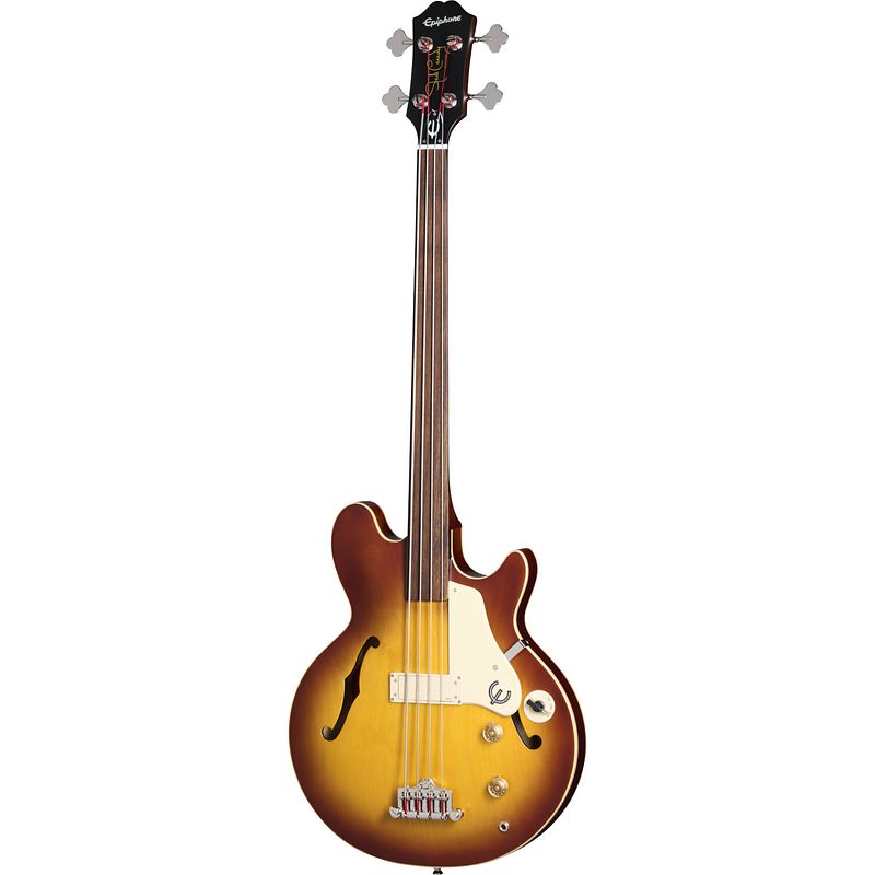 Foto van Epiphone jack casady fretless bass aged royal tan semi-akoestische fretloze basgitaar met premium gigbag