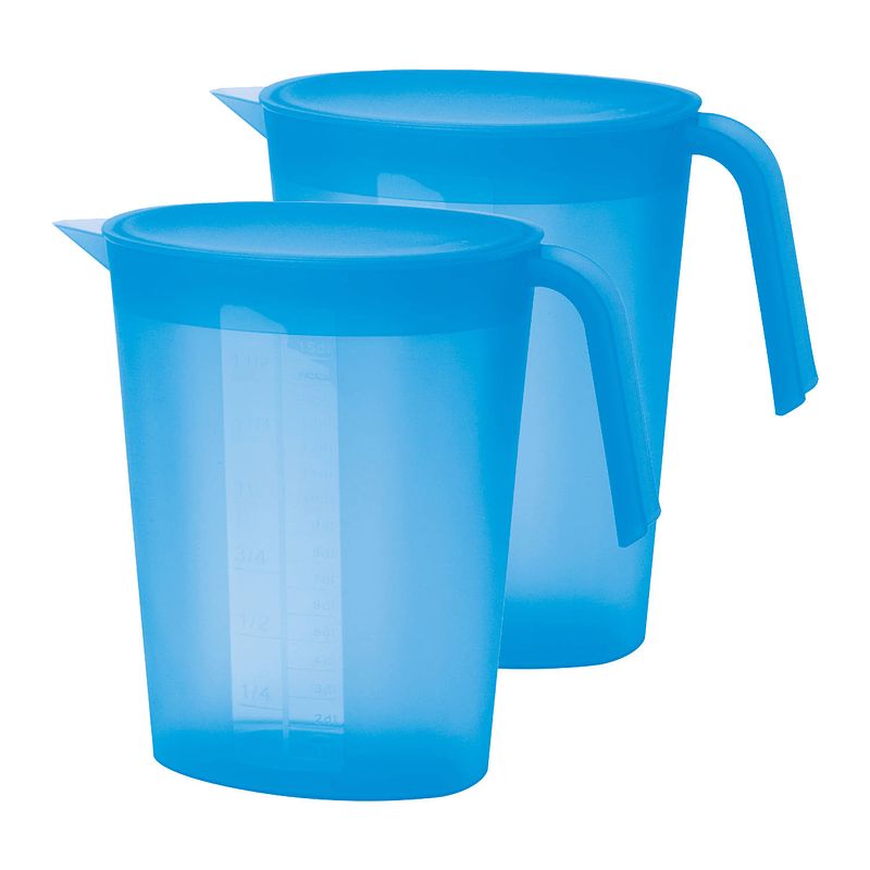 Foto van Juypal schenkkan/waterkan - 2x - blauw - 1,75 liter - kunststof - l22 x h20 cm - met deksel - schenkkannen