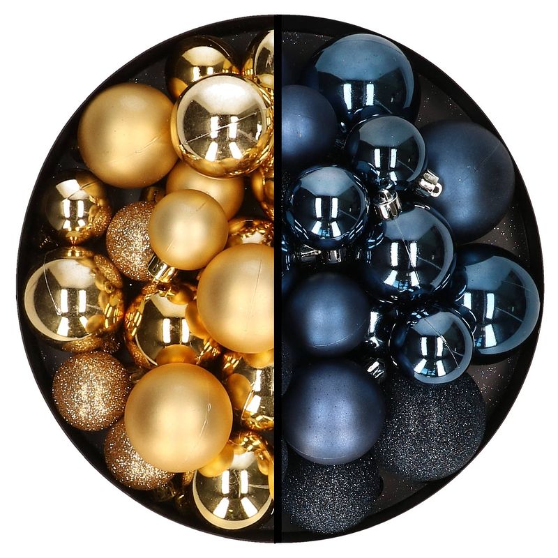 Foto van Decoris kerstballen 60x - mix goud/donkerblauw - 4-5-6 cm - kunststof - kerstbal