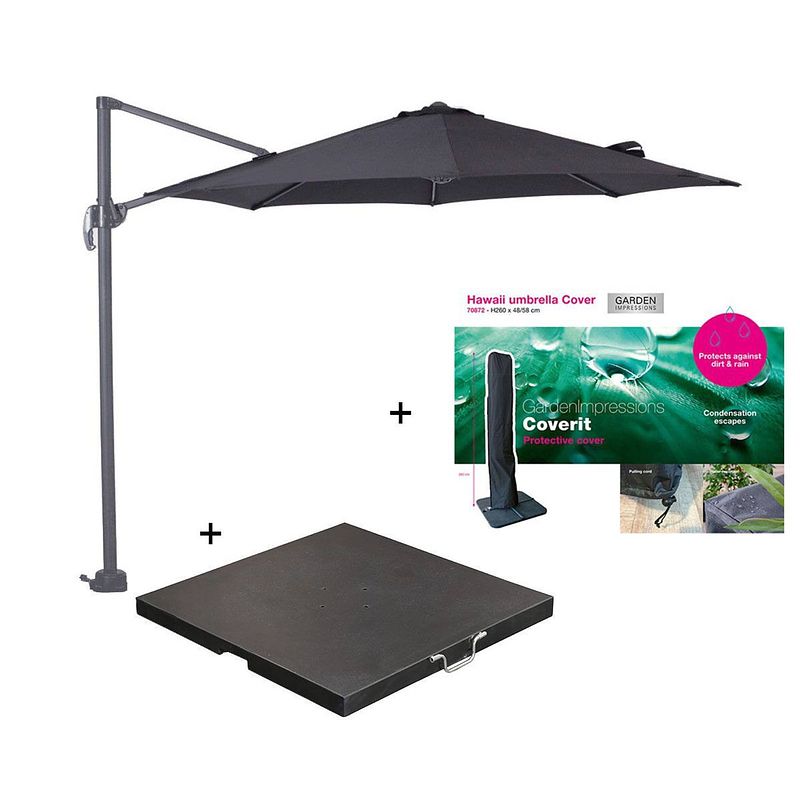 Foto van Garden impressions hawaii zweefparasol s ø300 - donker grijs/zwart met 80 kg parasolvoet en parasolhoes