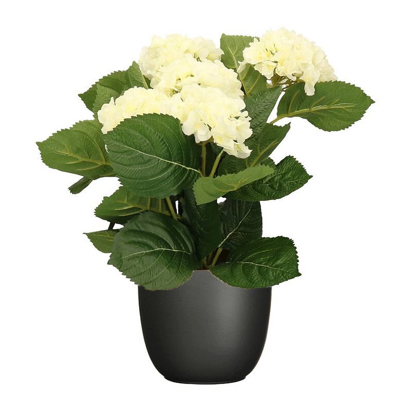 Foto van Hortensia kunstplant/kunstbloemen 36 cm - wit - in pot zwart mat - kunstplanten