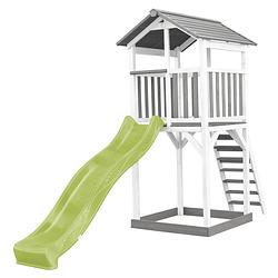 Foto van Axi beach tower speeltoestel van hout in grijs en wit speeltoren met zandbak, en limoen groene glijbaan