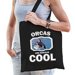 Foto van Katoenen tasje orcas are serious cool zwart - orka walvissen/ grote orka cadeau tas - feest boodschappentassen