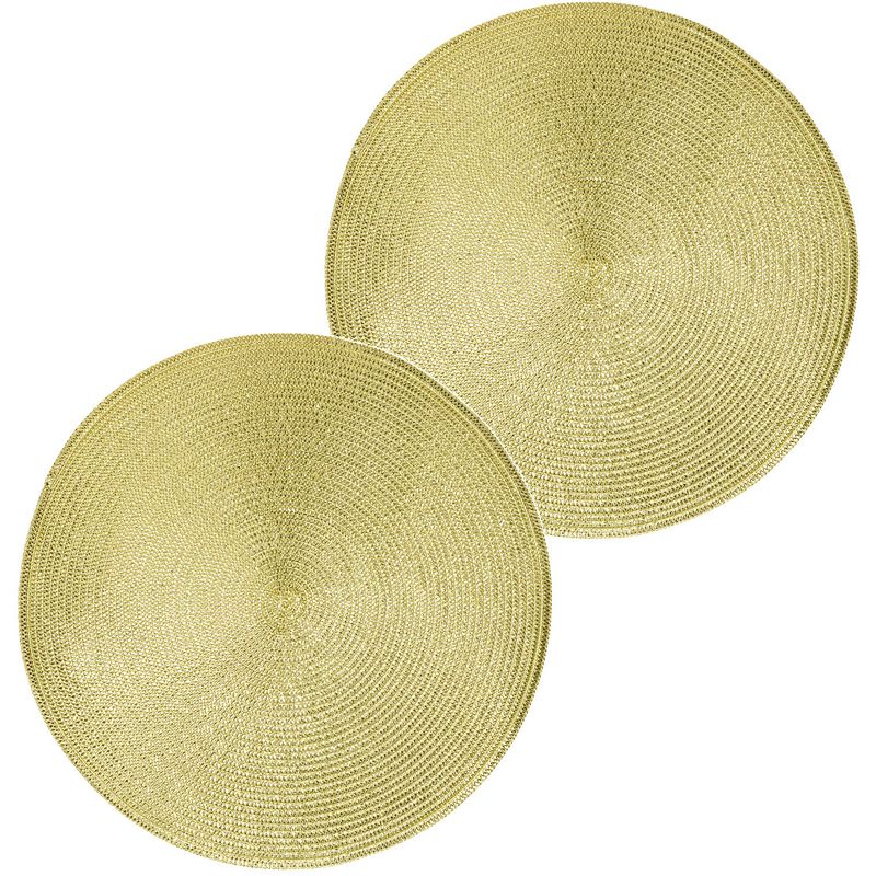 Foto van 2x ronde kerst placemats glimmend goud 38 cm geweven/gevlochten - placemats