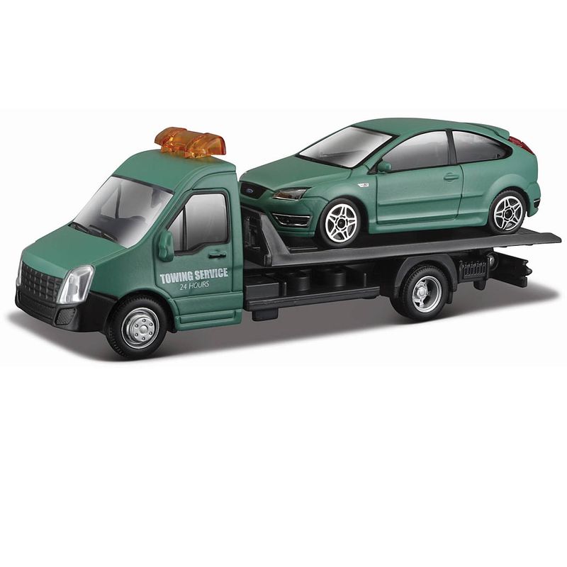 Foto van Bburago schaalmodel ford focus st + flatbed transporter 1:43 groen