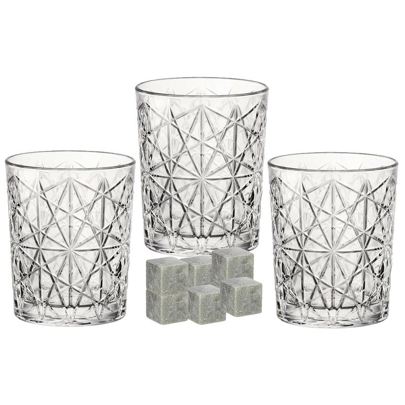 Foto van Luxe whiskyglazen set 6x stuks 390 ml met 9x whisky ijsblokstenen - whiskeyglazen