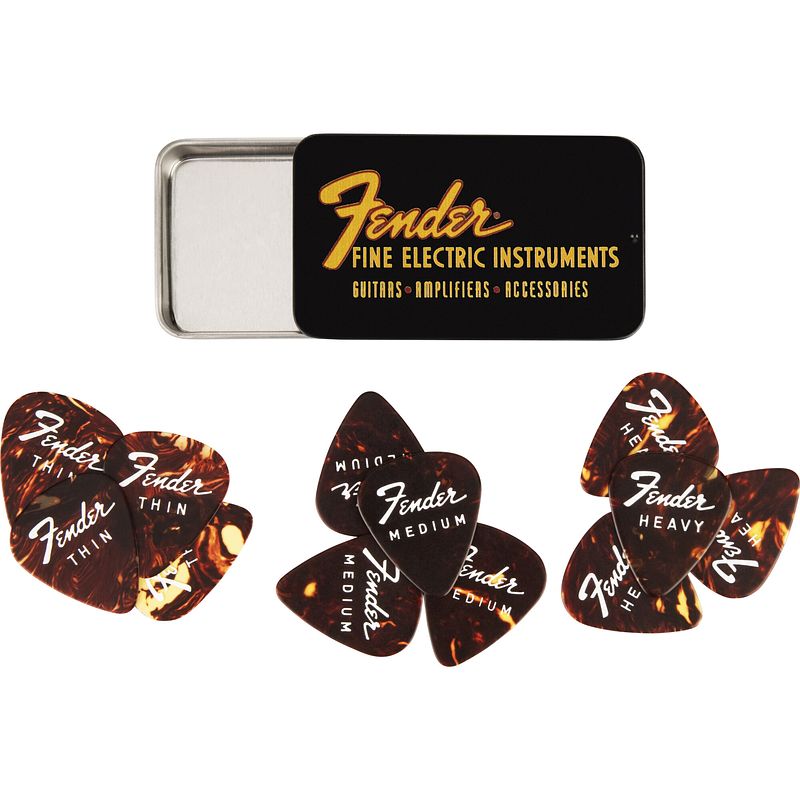 Foto van Fender fine electric pick tin plectrumdoosje met 12 tortoiseshell celluloid 351 plectra